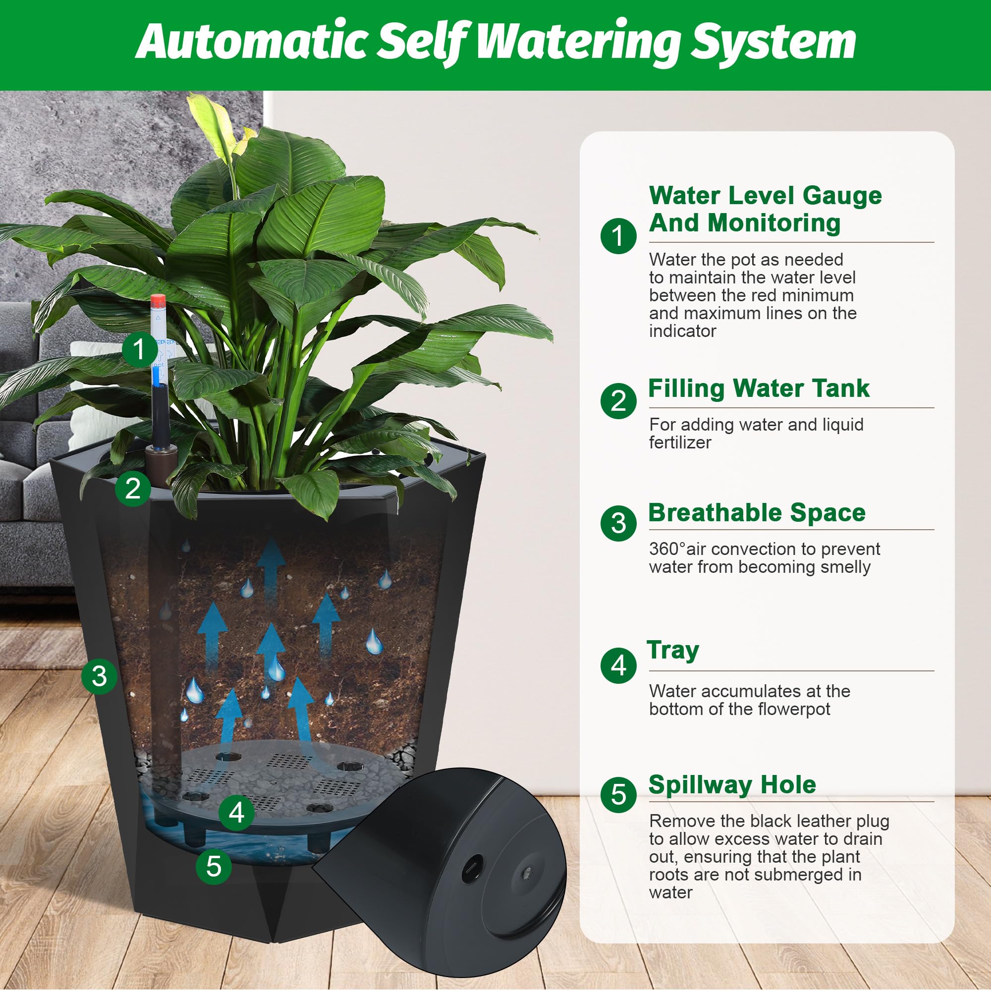 Greenhaus Gardening Self-Watering Indoor Outdoor Planter Pots Set of 2