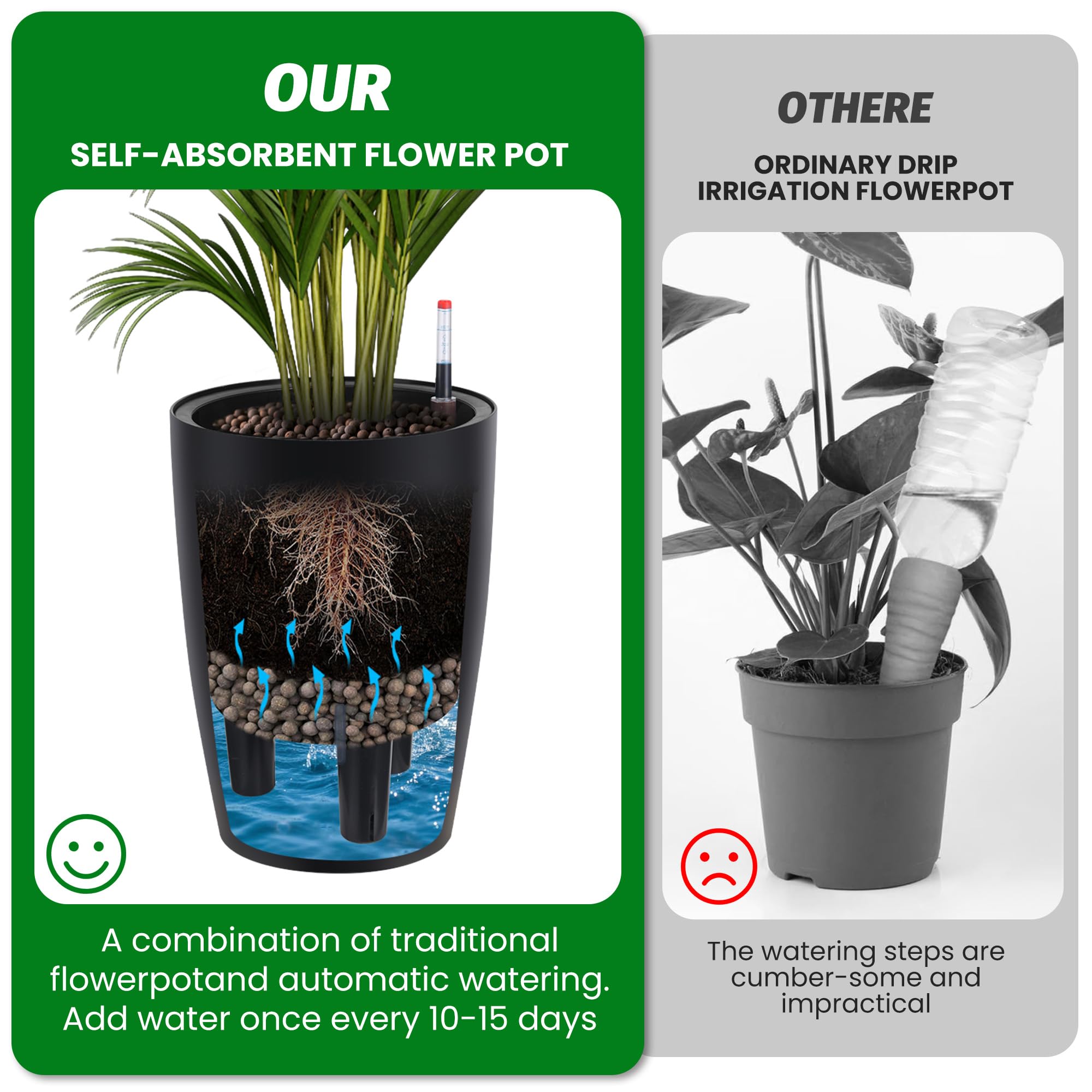 Greenhaus Gardening 16-Inch Self-Watering Tall Planter Set of 2