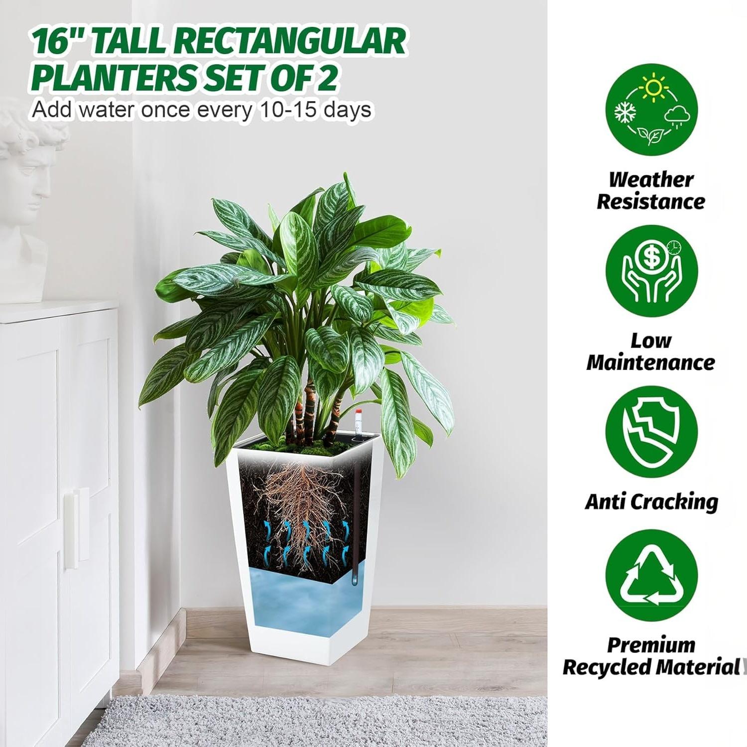 Greenhaus Gardening 16-Inch Self-Watering Tall Planters Set of 4