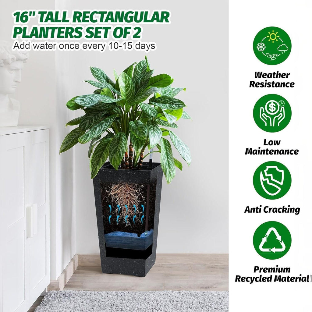 Greenhaus Gardening Tall Self-Watering Planter Pots Set for Indoor & Outdoor Use