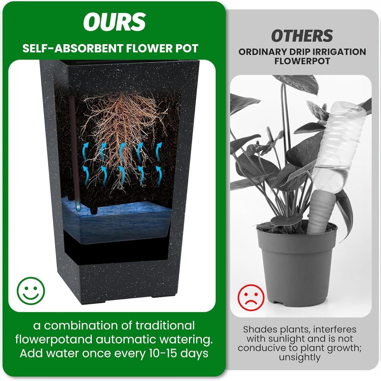 Greenhaus Gardening Tall Self-Watering Planter Pots Set for Indoor & Outdoor Use