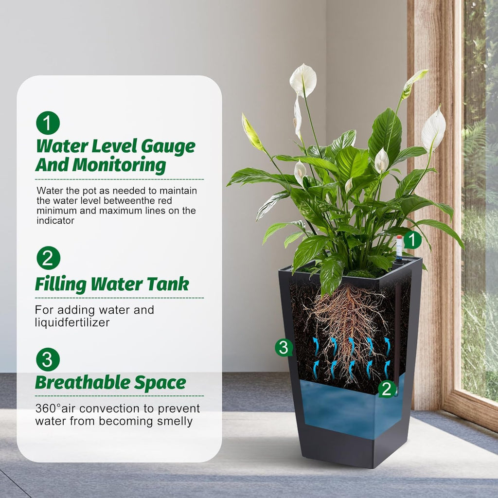 Greenhaus Gardening Tall Self-Watering Planter Pots Set for Indoor & Outdoor Use