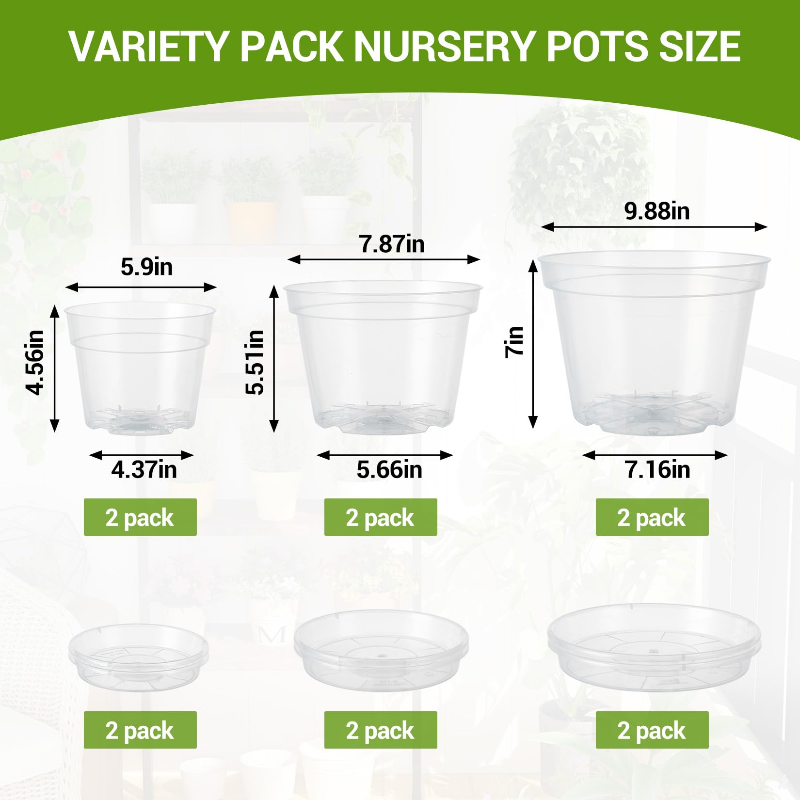 Greenhaus Gardening 6-Pack Clear Plant Pots with Drainage and Saucers