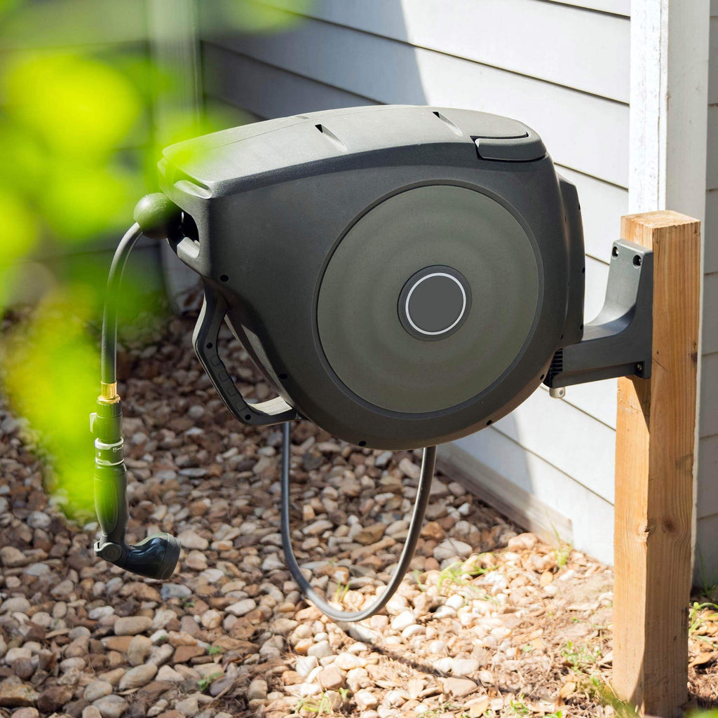 Greenhaus Gardening Retractable Hose Reel with Tangle-Free High-Flow Hose