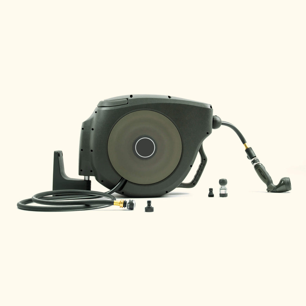 Greenhaus Gardening Retractable Garden Hose Reel Set with Spray Nozzle
