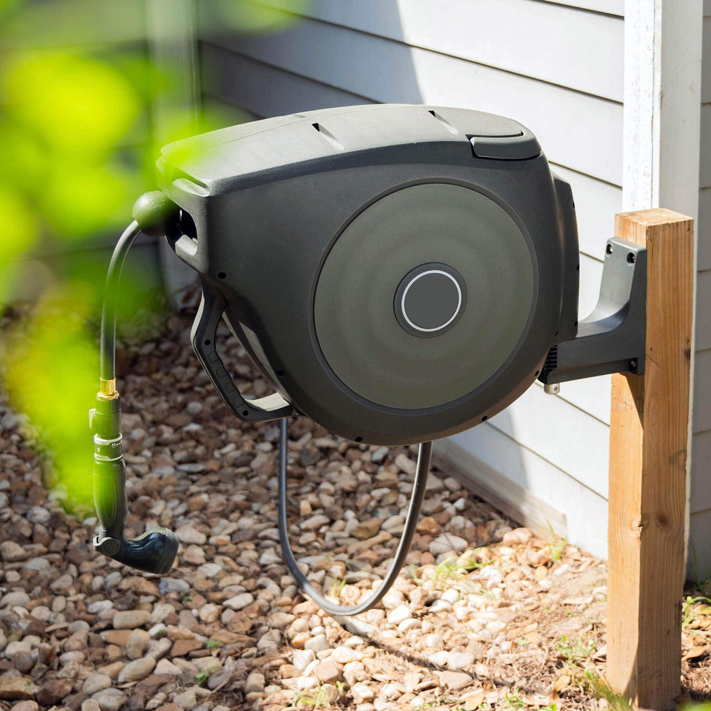 Greenhaus Gardening Retractable Garden Hose Reel Set with Spray Nozzle