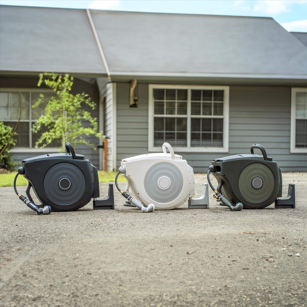Greenhaus Gardening Retractable Garden Hose Reel Set with Spray Nozzle