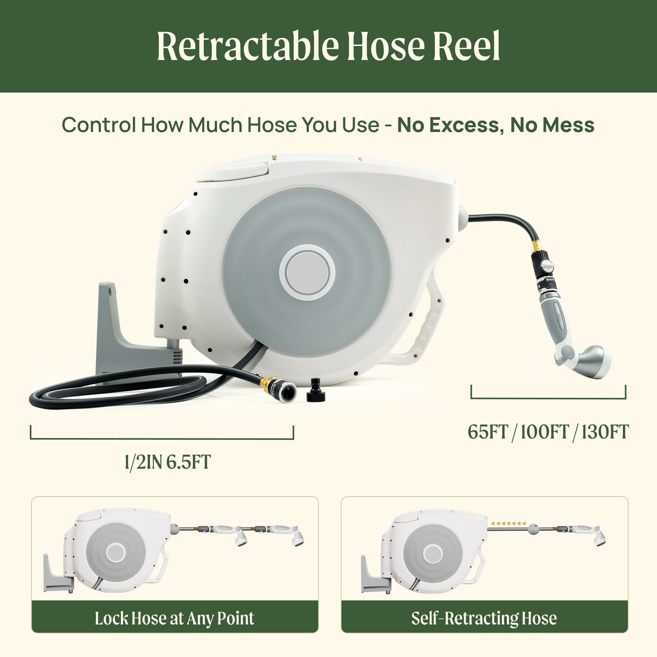 Greenhaus Gardening Retractable Garden Hose Reel Set with Spray Nozzle