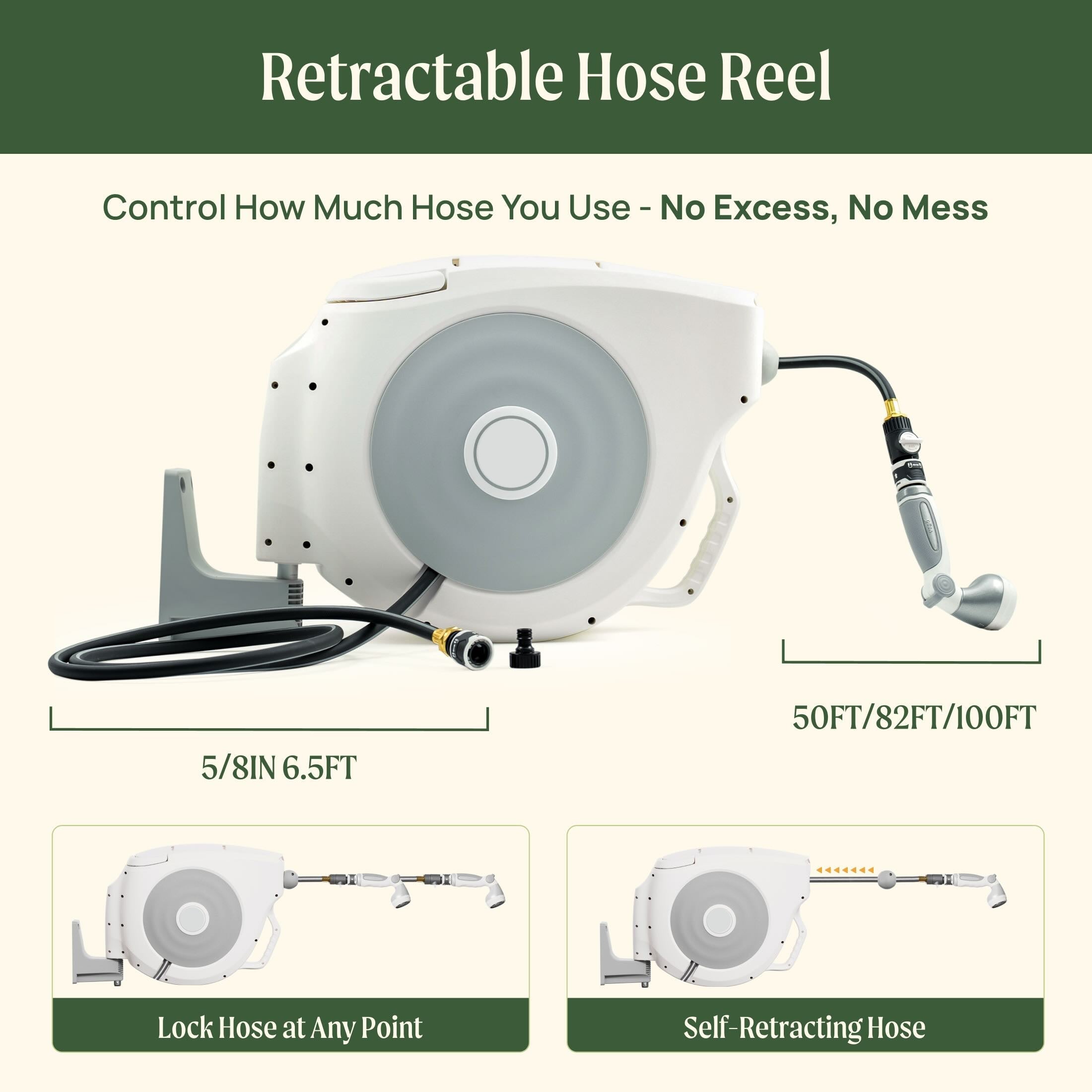 Greenhaus Gardening Retractable Hose Reel with Tangle-Free High-Flow Hose