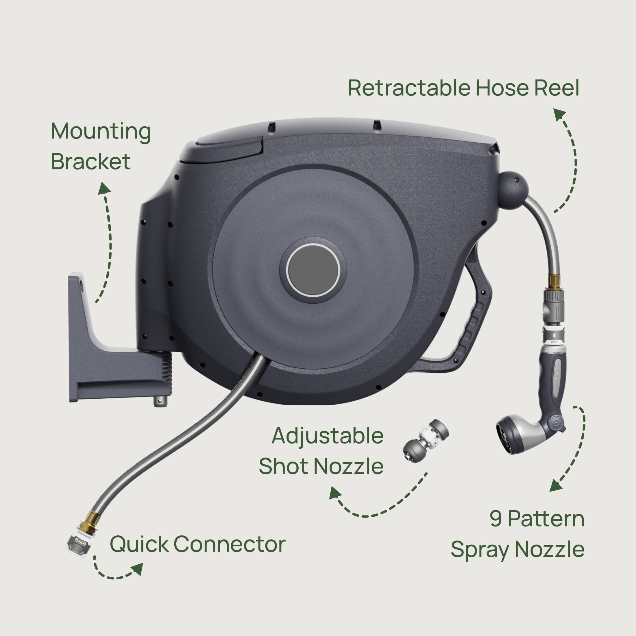 Greenhaus Gardening Retractable Garden Hose Reel Set with Spray Nozzle