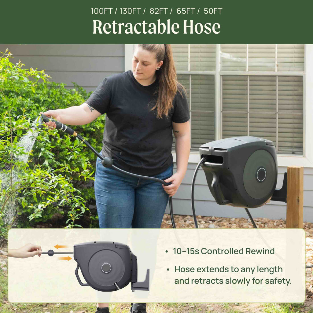 Greenhaus Gardening Retractable Garden Hose Reel Set with Spray Nozzle