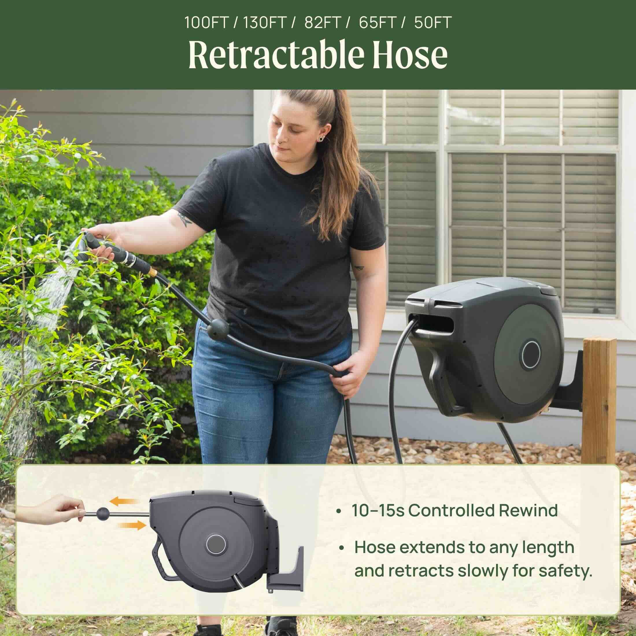 Greenhaus Gardening Retractable Hose Reel with Tangle-Free High-Flow Hose